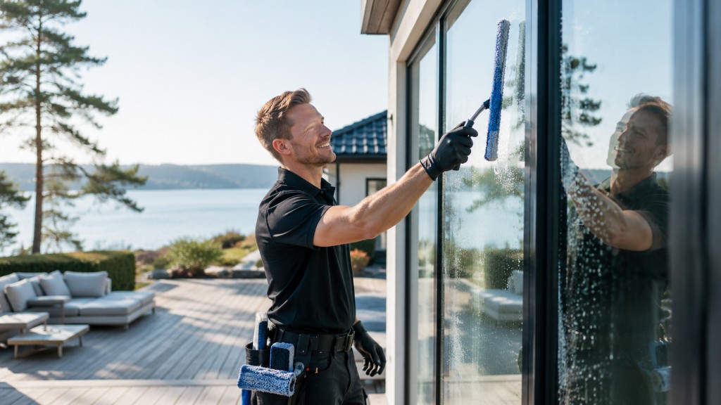 Professionell fönsterputs Kristianstad – fönsterputsare rengör fönster på villa